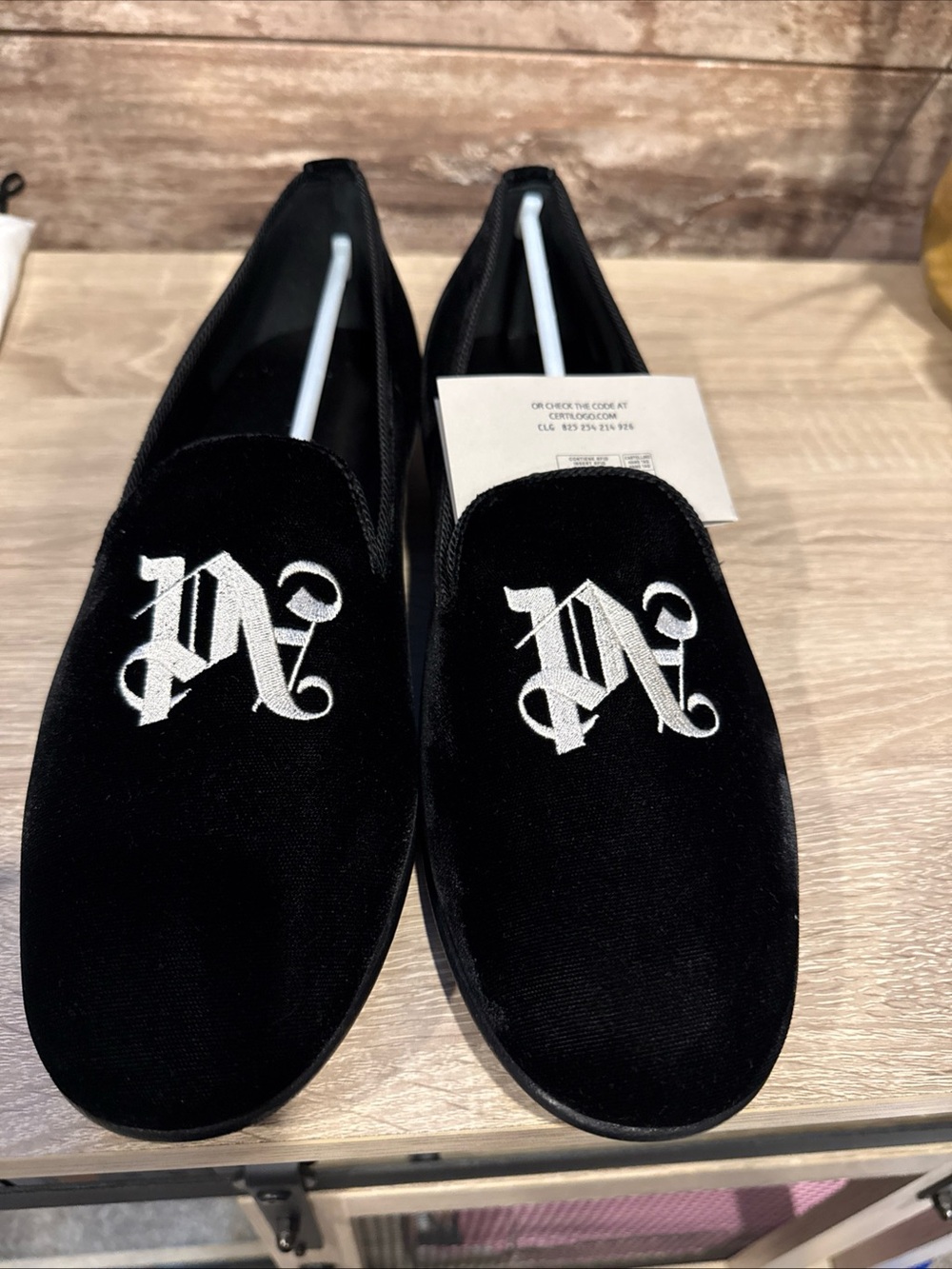 Palm Angels Black Velvet Slip-On Loafers with White Script Logo